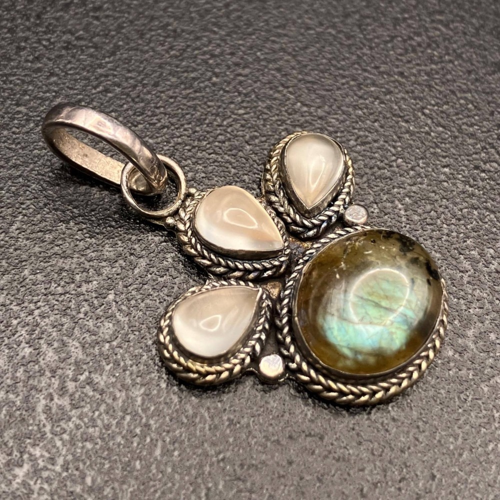 Sterling Silver Real Moonstone & Labradorite‎ Pendant Artisan Boho Iridescent